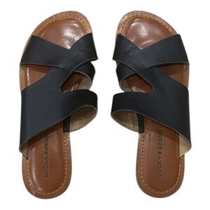 Lucky Brand Black Leather Leelan Flat Sandals 8.5